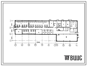 Типовой проект П-4-275(222-1-678с.13.90) Хозяйственно-бытовые помещения в подвале средней общеобразовательной школы на 11 классов, (убежище на 275 человек, размеры убежища 55,4м на 18м, режимы вентиляции 1,2).