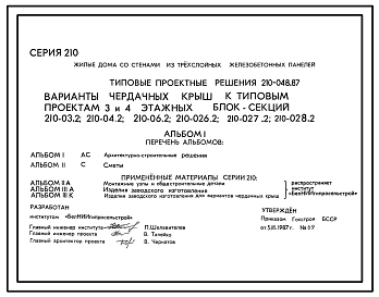 Типовой проект 210-048.87 Варианты чердачных крыш к типовым проектам 3 и 4 этажных блок-секций (210-03.2; 210-04.2; 210-06.2; 210-026.2; 210-027.2; 210-028.2)