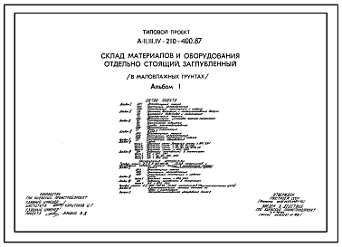Типовой проект А-II,III,IV-210-400.87 Заглубленный склад материалов и оборудования отдельно стоящий (в маловлажных грунтах) (убежище на 210 человек, размеры убежища 12м на 12м, режимы вентиляции убежища 1,2)
