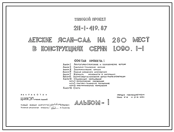 Типовой проект 211-1-419.87 Детские ясли–сад на 280 мест. Здание двухэтажное. Стены из трехслойных легкобетонных панелей по серии 1.090.1-1.