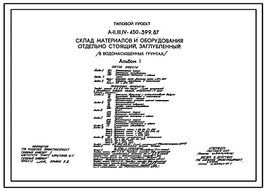Типовой проект А-II,III,IV-450-399.87 Заглубленный склад материалов и оборудования отдельно стоящий (в водонасыщенных грунтах) (убежище на 450 человек, размеры убежища 30м на 12м, режимы вентиляции убежища 1,2,3)