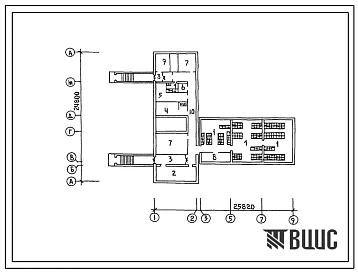 Типовой проект П-4-170(264-12-184с) Хозяйственно-бытовые помещения в подвале сельского клуба на 300 мест, (убежище на 170 человек, размеры убежища 25,82м на 24,8м, режимы вентиляции 1,2).