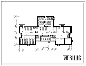 Типовой проект П-3-800(221-1-398) Хозяйственно-бытовые помещения приспосабливаемые под ПРУ, в подвале средней школы на 18 классов, (убежище на 800 человек, размеры убежища 58,8м на 32,4м, режимы вентиляции 1,2,3).