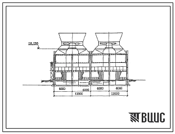 Типовой проект 901-6-71.85 Градирня двухсекционная с вентиляторами 2ВГ70 пленочная с секциями площадью 144 м.кв со стальным каркасом