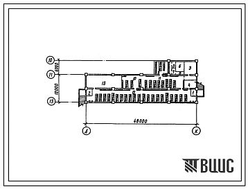 Типовой проект П-1-821(816-1-140.87) Подсобные помещения машиноремонтного блока тепличных комбинатов площадью 24 и 30 ГА теплиц, (убежище на 821 человек, размеры убежища 48м на 18м, режимы вентиляции 1,2).