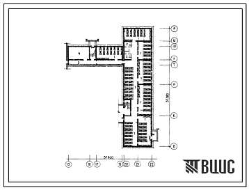 Типовой проект Б-3-1200(224-1-366С) Помещения 1 этажа средней школы (стены кирпичные) на 30 классов (1176 учащихся), (убежище на 1200 человек, размеры убежища 57,3м на 37,8м, режимы вентиляции 1).