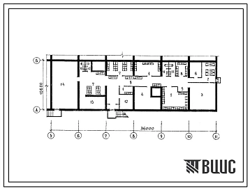Типовой проект П-4-150(254-7-10с.86) Хозяйственно-бытовые помещения подвала унифицированного палатного корпуса для детей на 60 коек, (убежище на 150 человек, размеры убежища 36м на 10,6м, режимы вентиляции 1,2).