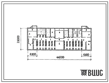Типовой проект П-4-400(416-1-143.83) Хозяйственно-складские помещения, приспосабливаемые под ПРУ, в подвале заводоуправления площадью 2,5 тыс.м2 для промышленных предприятий (убежище на 400 человек, размеры убежища 44,1м на 15м, режимы вентиляции 1,2,3).