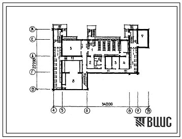 Типовой проект П-2-223(224-1-447.85) Служебные помещения в цокольном этаже и подвале средней общеобразовательной школы на 11 классов (убежище на 223 человек, размеры убежища 34,2м на 22,2м, режимы вентиляции 1,2,3).