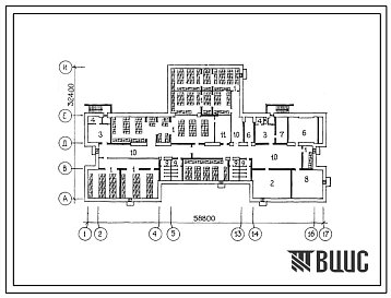 Типовой проект П-4-800(221-1-398.84) Хозяйственно-бытовые помещения в подвале средней школы на 18 классов (689-704 учащихся), (убежище на 800 человек, размеры убежища 58,8м на 32,4м, режимы вентиляции 1,2).