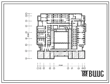 Типовой проект П-1(П-2)-600(224-1-448.2.87) Служебные помещения в подвале средней школы на 33 класса (1251 учащихся) со стенами из кирпича, (убежище на 600 человек, размеры убежища 54м на 52,2м, режимы вентиляции 1,2).
