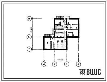 Типовой проект П-2-100(214-1-298.84) Служебные помещения в подвале детских яслей-садов (стены кирпичные) на 2 группы (50 мест), (убежище на 100 человек, размеры убежища 17,4м на 15,9м, режимы вентиляции 1,2,3).