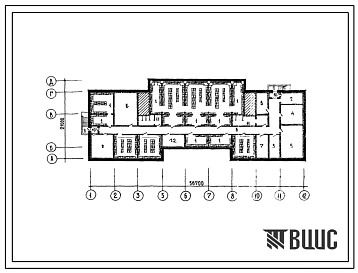Типовой проект П-2(П-4)-835(221-1-435.85) Хозяйственно-бытовые помещения подвала неполной средней школы на 9 классов, (убежище на 835 человек, размеры убежища 56,7м на 21м, режимы вентиляции 1,2).
