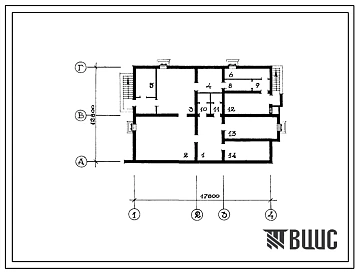 Типовой проект Б-2-200-77.226(263-15-38с) Хозяйственно-бытовые помещения в подвале сельской библиотеки на 25 тысяч томов, (убежище на 200 человек, размеры убежища 17,8м на 12,8м, режимы вентиляции 1,2).