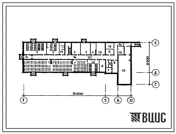 Типовой проект П-4-220(223-1-418.84) Помещения общественного назначения , приспосабливаемые под ПРУ,в подвале школы на 13 классов (489-504 учащихся), (убежище на 220 человек, размеры убежища 51м на 21,3м, режимы вентиляции 1,2).