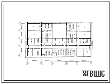 Типовой проект П-4-510(235-1-146с.13.86) Хозяйственно-бытовые помещения подвала профтехучилища на 720 учащихся с зальными помещениями со стенами из пиленого известнякового камня, (убежище на 510 человек, размеры убежища 54м на 27м, режимы вентиляции 1,2).