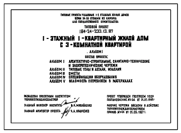 Типовой проект 184-24-233.13.87 1-этажный 1-квартирный жилой дом с 3-комнатной квартирой (для строительства в северно-центральных районах Украинской ССР)