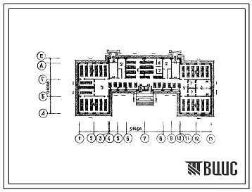 Типовой проект П-5-987(231-2-125-57) Вспомогательные помещения первого этажа универсального учебного корпуса для техникумов и профтехучилищ, (убежище на 987 человек, размеры убежища 51,46м на 21м, режимы вентиляции 1,2).