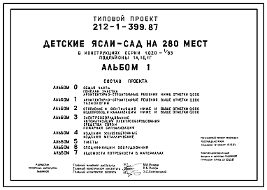 Состав Типовой проект 212-1-399.87 Детские ясли–сад на 280 мест. Здание двухэтажное. Каркас по серии 1.020.1/83. Стены из трехслойных керамзитобетонных панелей.