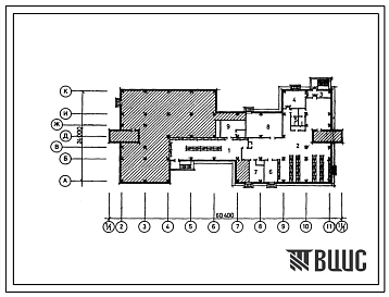 Типовой проект П-4-300(212-1-441с.13.87) Хозяйственные помещения в подвале детского сада-яслей на 280 мест, (убежище на 300 человек, размеры убежища 60,4м на 24м, режимы вентиляции 1,2).