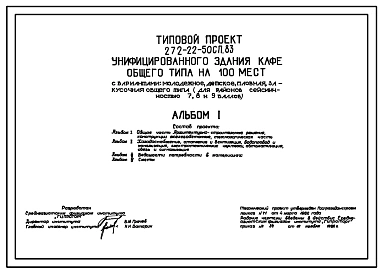 Типовой проект 272-22-50сп.83 Унифицированное здание кафе общего типа на 100 мест с вариантами: молодежное, детское, пловная, закусочная общего типа. Для строительства в 4 климатическом районе сейсмичностью 7, 8 и 9 баллов на грунтах 2 типа просадочности