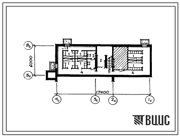 Типовой проект П-4-38(89-0119.13.87) Бытовые помещения в подвале блок-секции торцовой левой 2-этажной 6-квартирной с 1-2-3-комнатными квартирами, (убежище на 38 человек, размеры убежища 17,4м на 6м, режимы вентиляции 1).