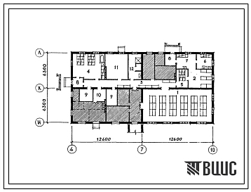 Типовой проект П-5-110(213-1-373с.13.86) Помещения 1 этажа детских яслей-сада на 50 мест, приспосабливаемые под ПРУ (убежище на 110 человек, размеры убежища 25,2м на 12,6м, режимы вентиляции 1,2,3).