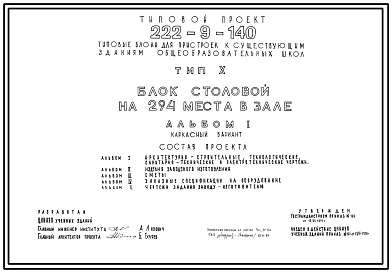 Типовой проект 222-9-140 Блок столовой на 294 места в зале для пристроек к существующим зданиям городских общеобразовательных школ. Здание одноэтажное. Каркас сборный железобетонный серии ИИ-04. Стены из керамзитобетонных панелей.