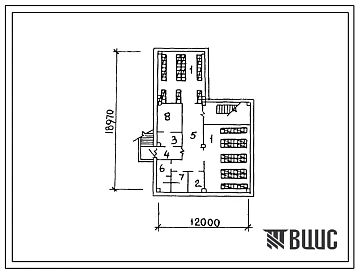Типовой проект П-4-135(416-1-148с.84) Хозяйственно-бытовые помещения подвала здания управления племзаводов с подсобно-производственными помещениями, приспосабливаемые под ПРУ (убежище на 135 человек, размеры убежища 18,97м на 12м, режимы вентиляции 1,2).