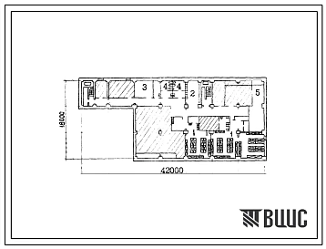 Типовой проект Б-1-215(416-1-129) Бытовые помещения,приспосабливаемые под ПРУ,в подвале административно-бытового корпуса с информационно-вычислительным центром  (убежище на 215 человек, размеры убежища 42м на 18м, режимы вентиляции 1,2).