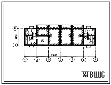 Типовой проект П-5-24(111-210-29.2) Бытовые помещения в подвале жилого дома двухэтажного 4-квартирного с раздельными входами в квартиры 3б, (убежище на 24 человек, размеры убежища 21,6м на 5,7м, режимы вентиляции 1,2).