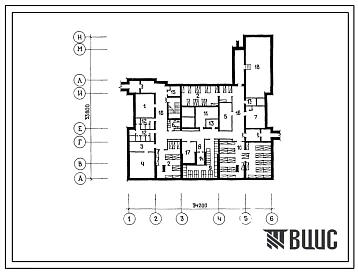 Типовой проект П-2(П-4)-130(254-7-11.3.87) Вспомогательные помещения в подвале лечебно-диагностического корпуса для расширения существующих ЦРБ, (убежище на 130 человек, размеры убежища 34,2м на 33,8м, режимы вентиляции 1,2).