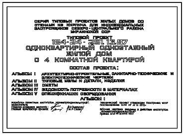 Типовой проект 184-24-251.13.87 Одноквартирный одноэтажный жилой дом с 4-комнатной квартирой (для индивидуальных застройщиков северо-центральных районов УССР)