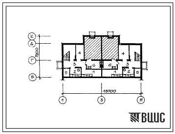 Типовой проект П-4-20(144-000-482-13.86) Хозяйственно-бытовые помещения в подвале двухквартирного жилого дома с 3 комнатными квартирами с мансардной со стенами из кирпича, (убежище на 20 человек, размеры убежища 13,7м на 7,2 режимы вентиляции 1).