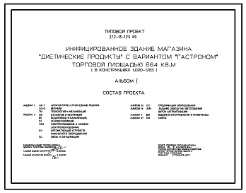 Состав Типовой проект 272-13-125.86 Унифицированное здание  магазина «Диетические продукты» с вариантом «Гастрономом» торговой площадью 664 м2. Здание одноэтажное. Каркас по серии 1.020-1/83.Стены из легкобетонных панелей по серии 1.030.1-1.