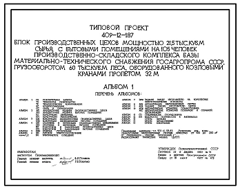 Типовой проект 409-12-1.87 Блок производственных цехов мощностью 21,5 тыс.куб.м сырья с бытовыми помещениями на 105 человек производственно-складского комплекса базы материально-технического снабжения Госагропрома СССР грузооборотом 60 тыс.куб.м. леса