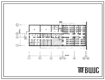 Типовой проект П-4-620(234-1-158сп.13.88) Хозяйственно-бытовые помещения в подвале учебного и общественно-бытового корпуса профтехучилища на 540 учащихся, (убежище на 620 человек, размеры убежища 46,6м на 16,8м, режимы вентиляции 1,2).