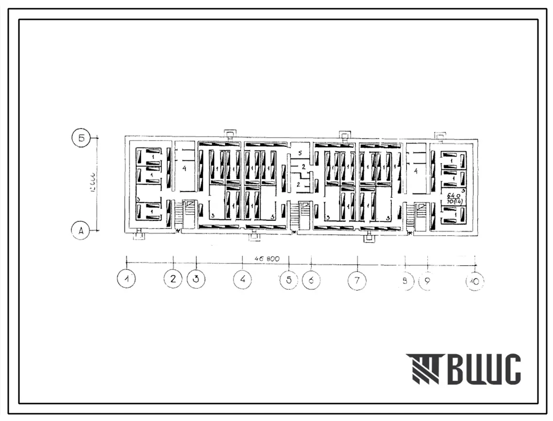 Типовой проект Б-2-625(114-52-196с) Хозяйственно-бытовые помещения, в подвале 3этажного 3секционного 24квартирного дома, (убежище на 625 человек, размеры убежища 46,8м на 12м, режимы вентиляции 1,2).